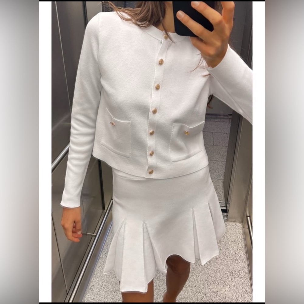 Zara Cream Cardigan and Skirt Set with Gold Accents - Picture 7 of 8